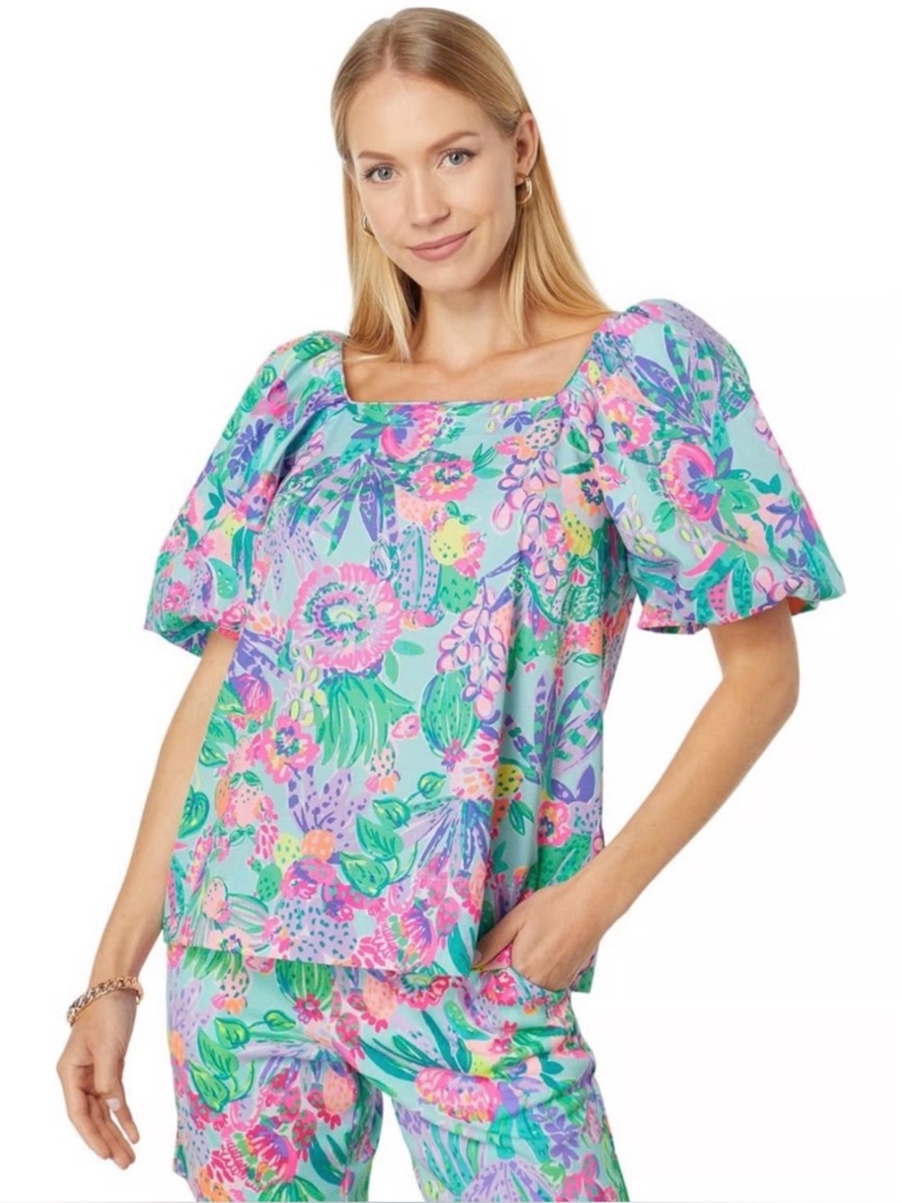Lilly Pulitzer Lettie cotton puff sleeved square‎ neck top preppy dopamine M